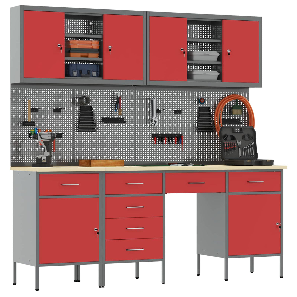 vidaXL Work Cabinet with Drawer 10 pcs Red Engineered Wood and Steel 3