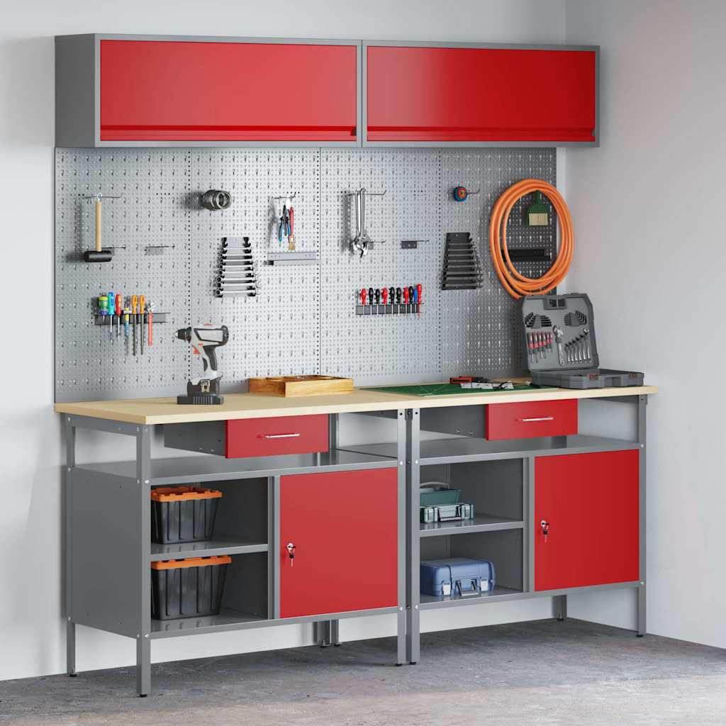 Work Bench Set 8 pcs and Grey 200 x 55 x 200 cm Steel Red and grey 2 x bench (100 cm) +4 x pegboard (80 cm) +2 x cabinet with gas-lift door (100 cm)