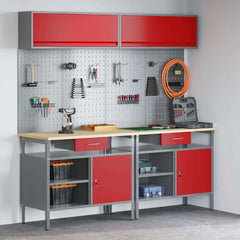 Work Bench Set 8 pcs and Grey 200 x 55 x 200 cm Steel Red and grey 2 x bench (100 cm) +4 x pegboard (80 cm) +2 x cabinet with gas-lift door (100 cm)