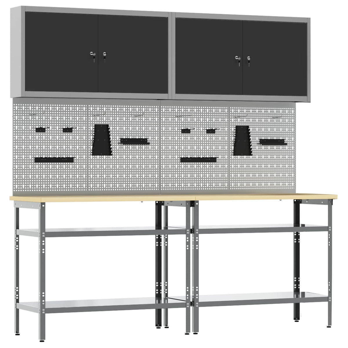 Work Bench Set 8 pcs and Grey 200 x 55 x 200 cm Steel Black 200 cm workbench (2 shelves) +pegboard +wall cabinet