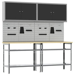 Work Bench Set 8 pcs and Grey 200 x 55 x 200 cm Steel Black 200 cm workbench (2 shelves) +pegboard +wall cabinet