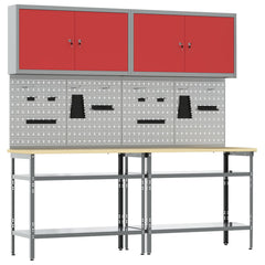 Work Bench Set 8 pcs and Grey 200 x 55 x 200 cm Steel Red 200 cm workbench (2 shelves) +pegboard +wall cabinet