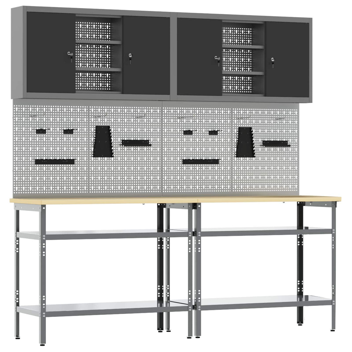 Work Bench Set 8 pcs and Grey 200 x 55 x 200 cm Steel Black 200 cm workbench (2 shelves) +pegboard +wall cabinet with open shelves