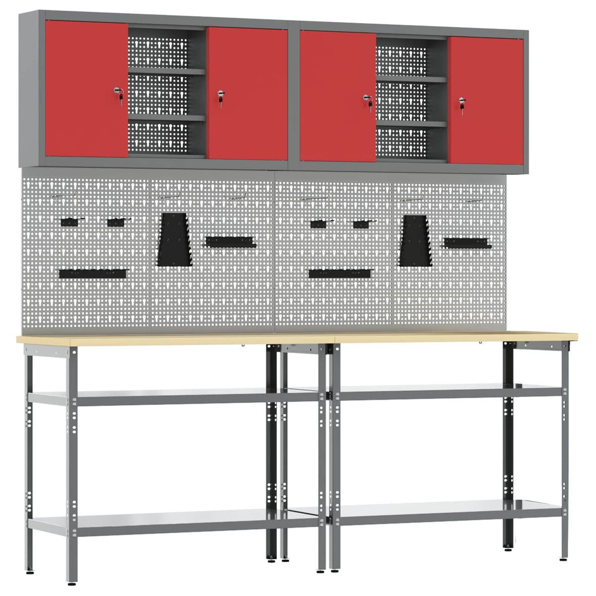 Work Bench Set 8 pcs and Grey 200 x 55 x 200 cm Steel Red and grey 2 x tables (100 cm) +4 x pegboards (60 cm) +2 x cabinets with pegboards (100 cm)