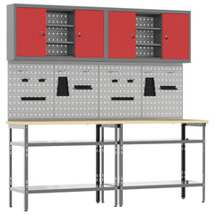 Work Bench Set 8 pcs and Grey 200 x 55 x 200 cm Steel Red and grey 2 x tables (100 cm) +4 x pegboards (60 cm) +2 x cabinets with pegboards (100 cm)