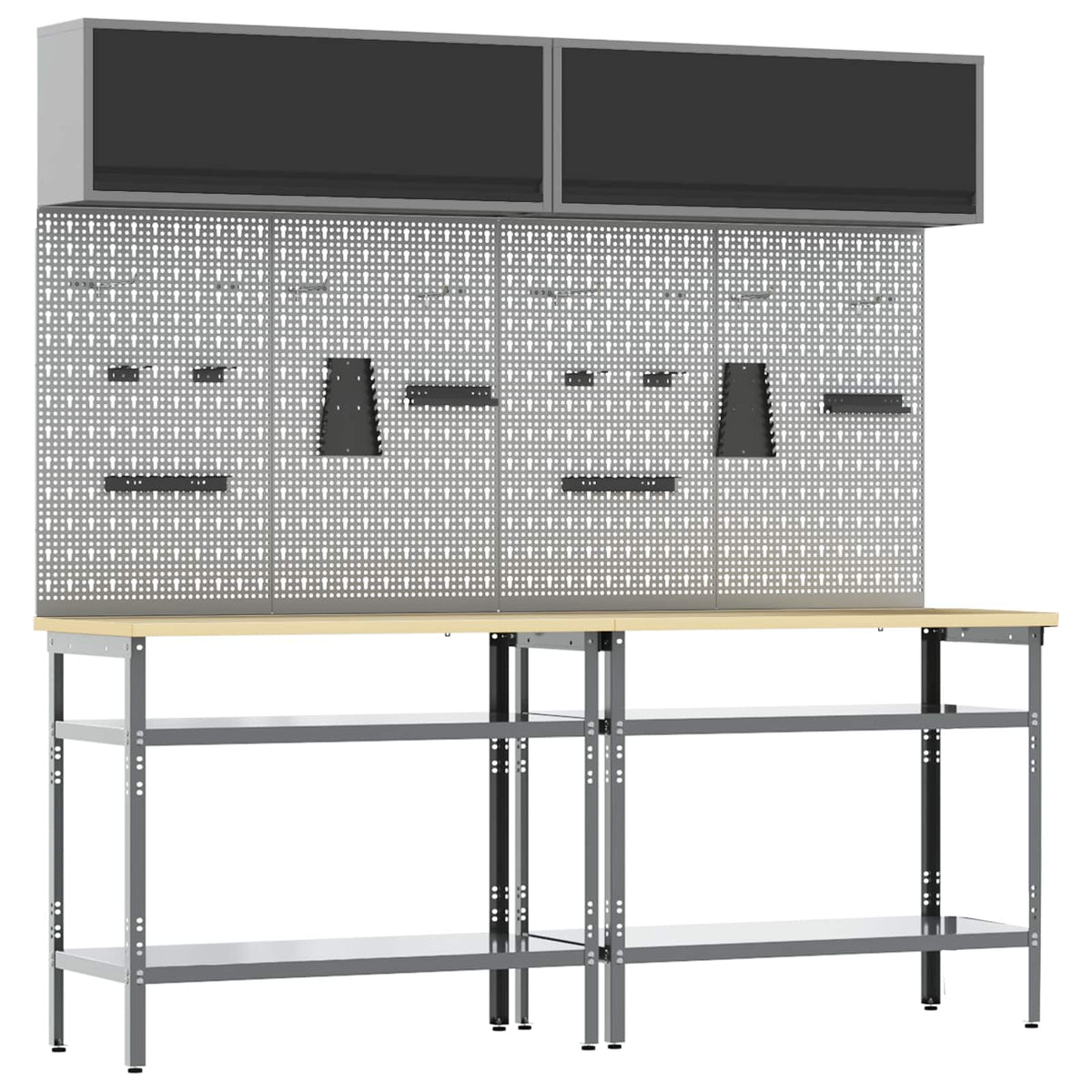 Work Bench Set 8 pcs and Grey 200 x 55 x 200 cm Steel Black and grey 2 x table (100 cm) +4 x pegboard (80 cm) +2 x cabinet with gas-lift door (100 cm)