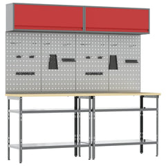 Work Bench Set 8 pcs and Grey 200 x 55 x 200 cm Steel Red 200 cm workbench (2 shelves) +pegboard +wall cabinet with gas-lift door