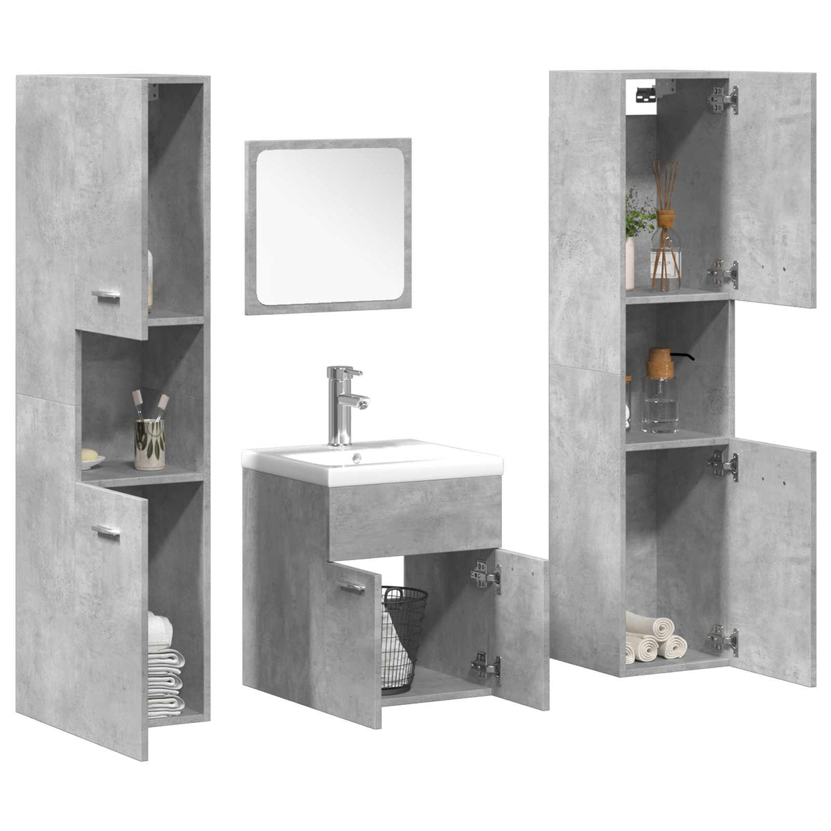 5 Piece Bathroom Furniture Set Engineered Wood 41 x 38.5 x 46 cm + 30 x 30 x 130 cm Concrete grey