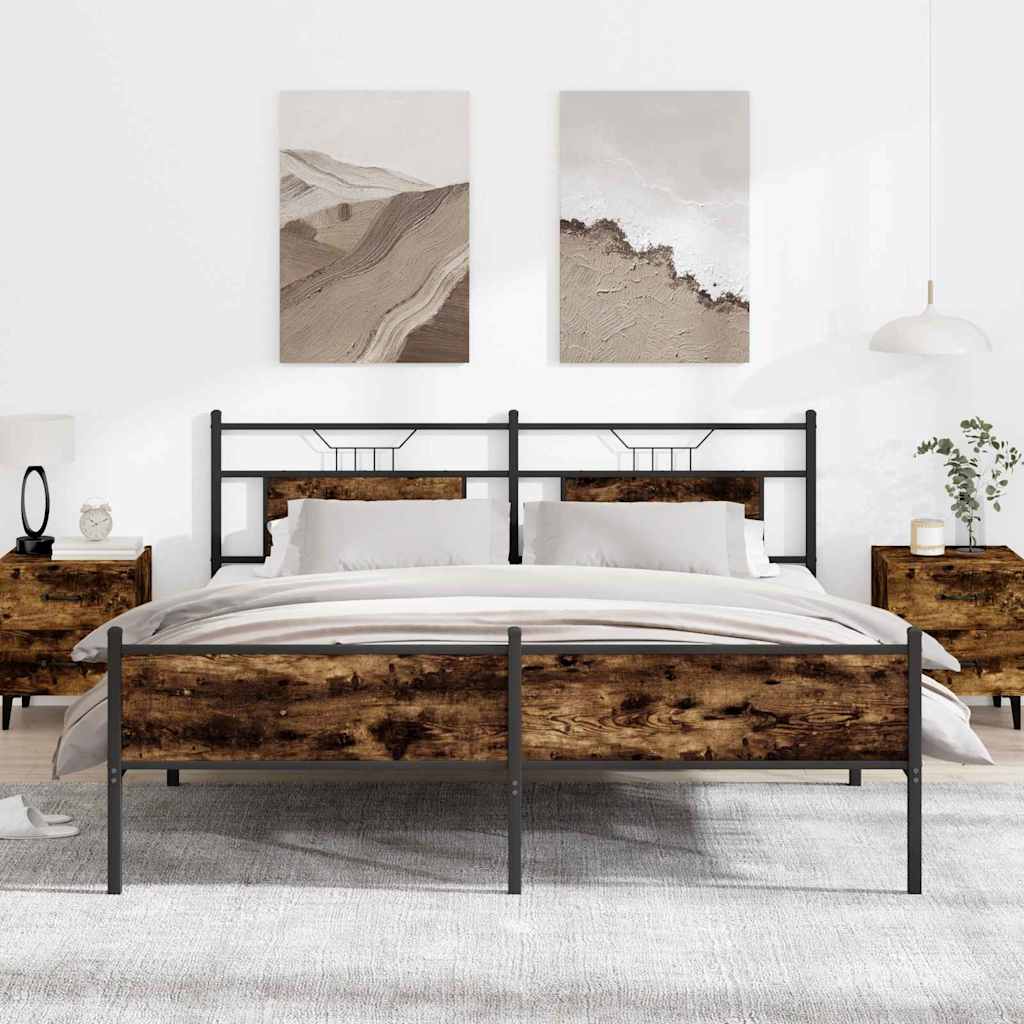 Bed Frame without Mattress Engineered Wood Brown oak headboard high footboard
