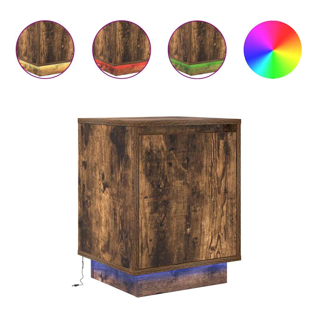 vidaXL Bedside Cabinet with LED Lights Smoked Oak 38x34x50 cm 2