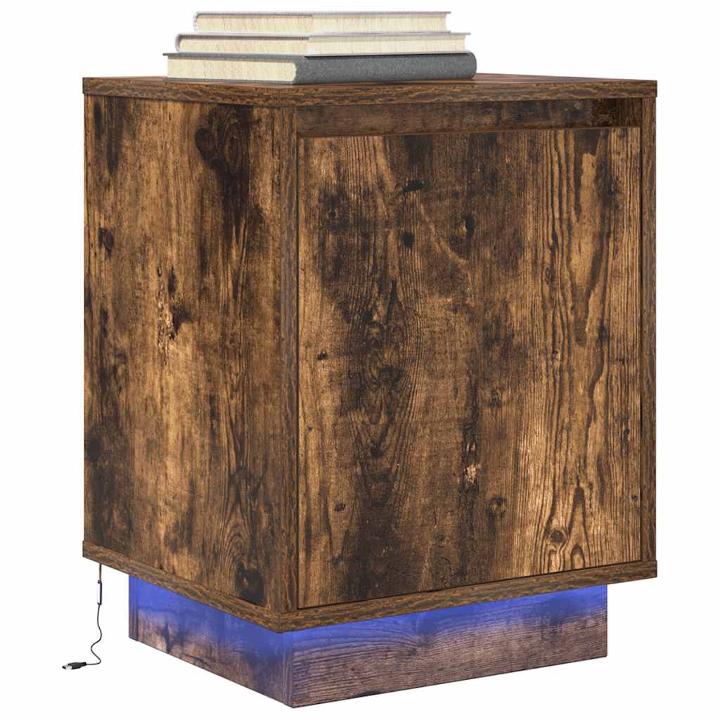 vidaXL Bedside Cabinet with LED Lights Smoked Oak 38x34x50 cm 1