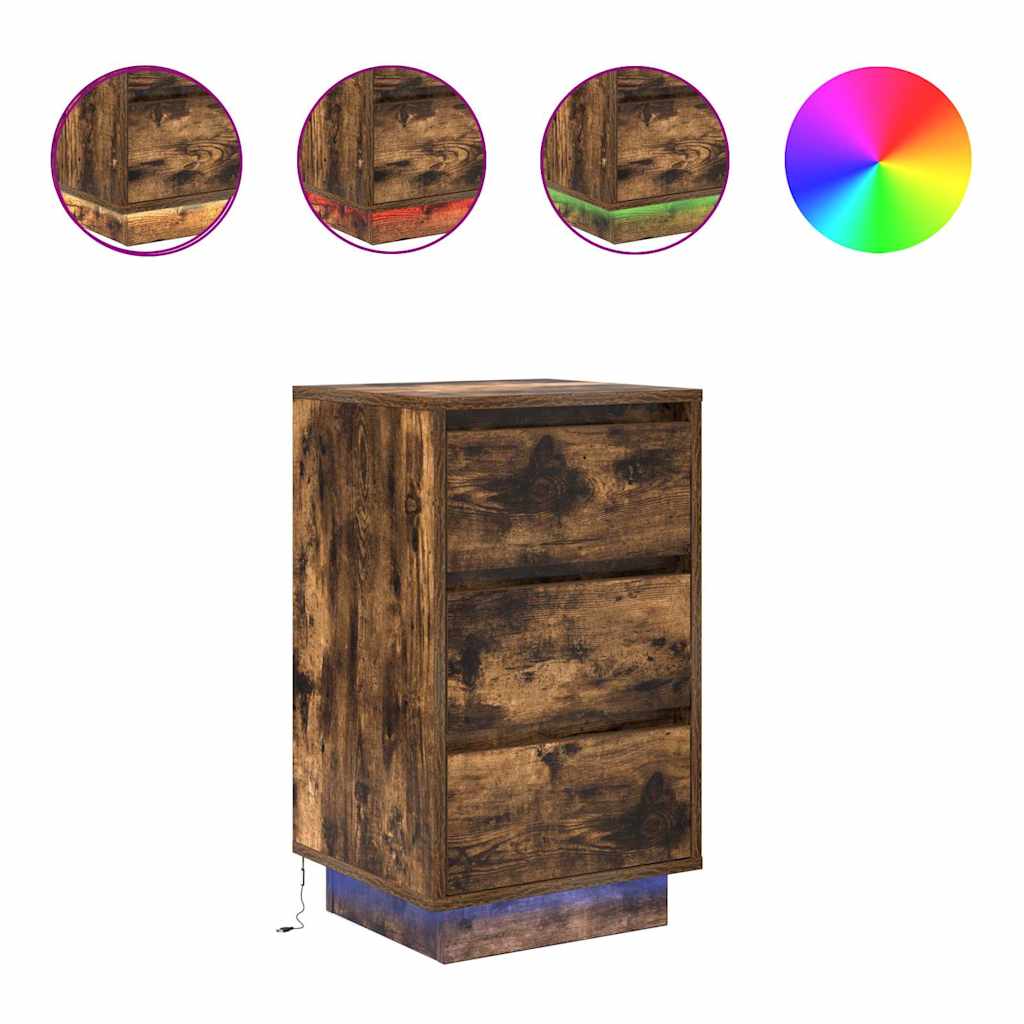 vidaXL Bedside Cabinet with LED Lights Smoked Oak 38x34x65 cm 2