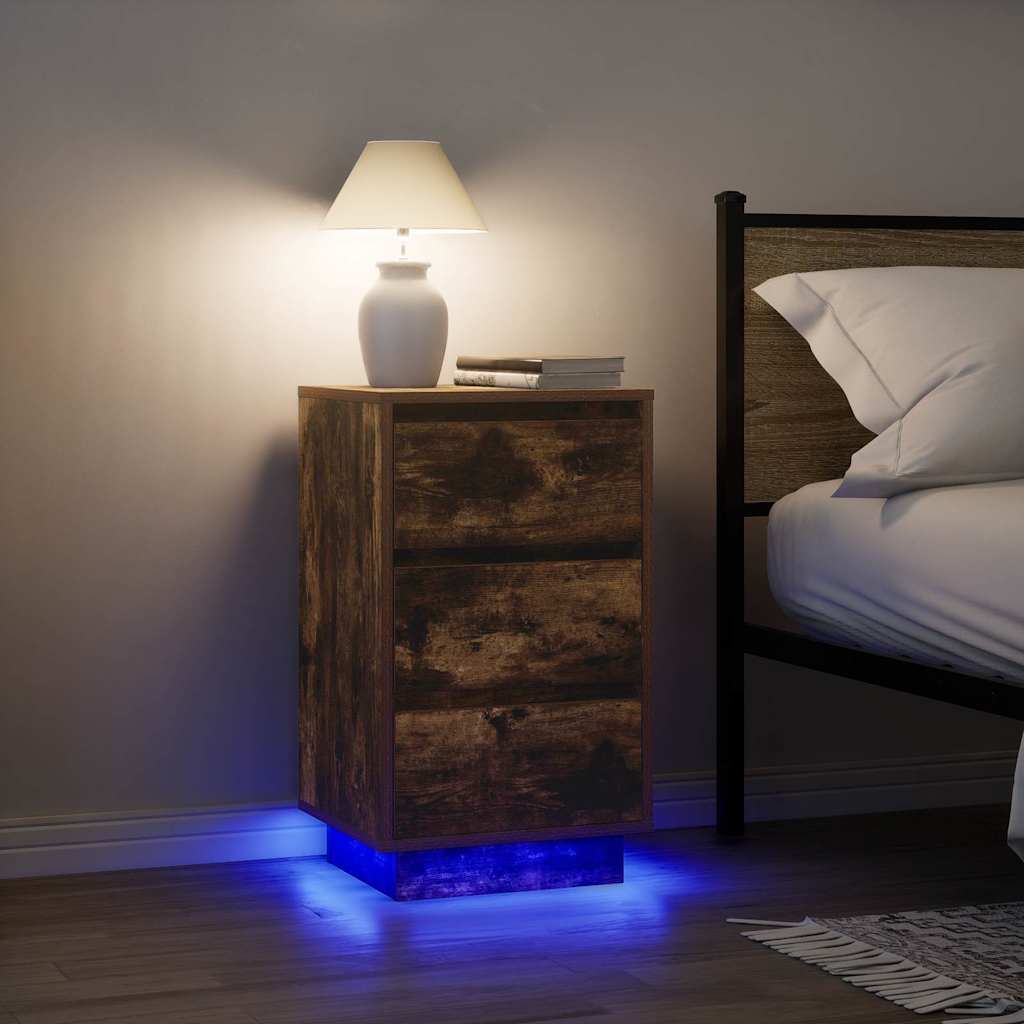 vidaXL Bedside Cabinet with LED Lights Smoked Oak 38x34x65 cm 1