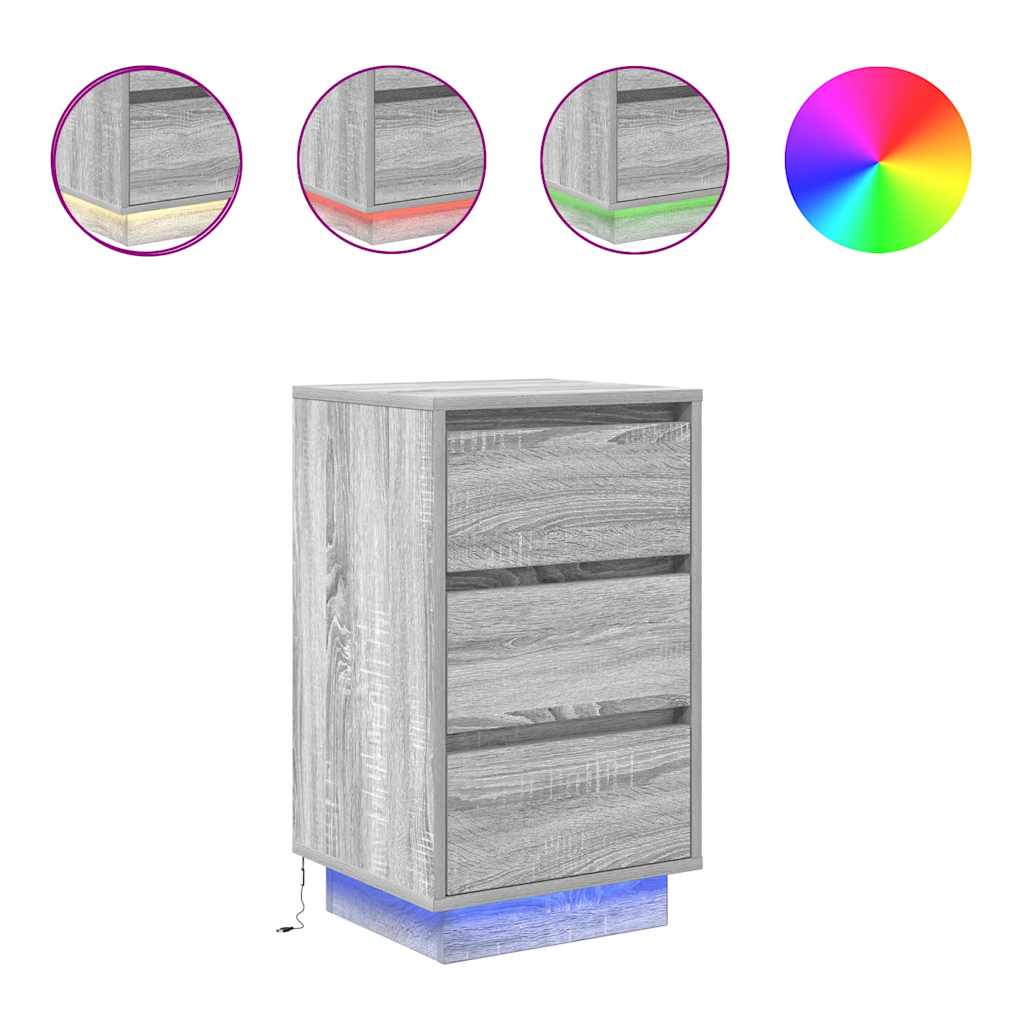 vidaXL Bedside Cabinet with LED Lights Grey Sonoma 38x34x65 cm 2