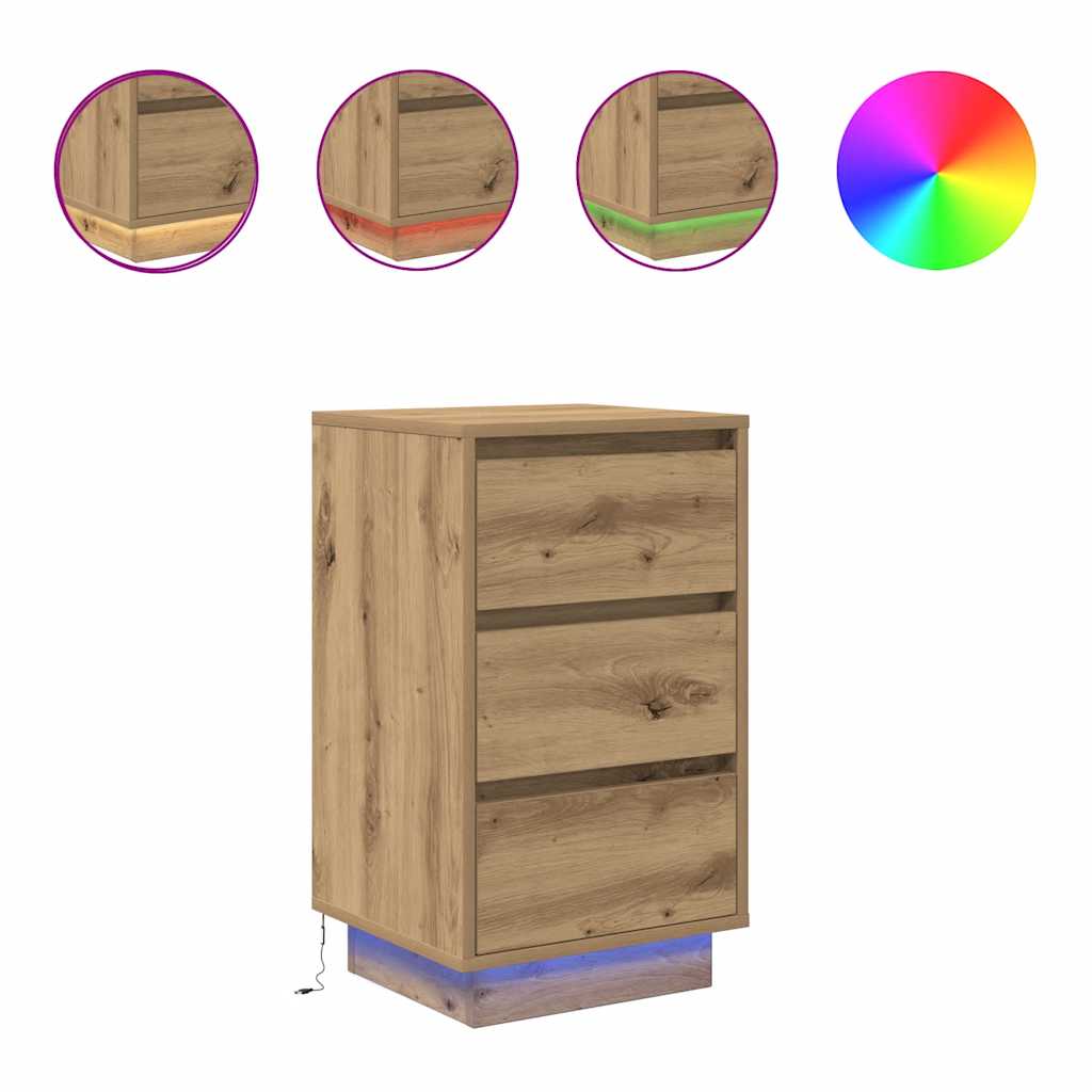 vidaXL Bedside Cabinet with LED Lights Artisan Oak 38x34x65 cm 2