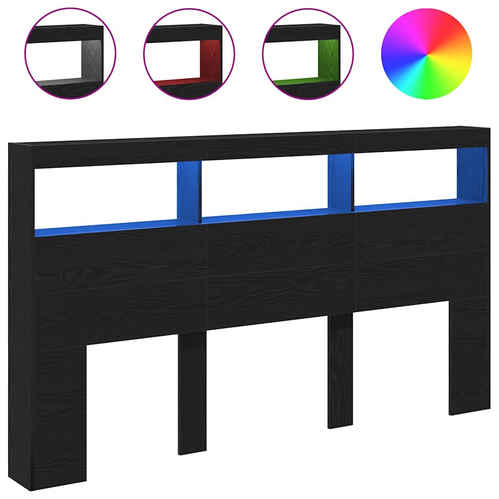 vidaXL Headboard Cabinet with LED Black Oak 180x17x102 cm 2