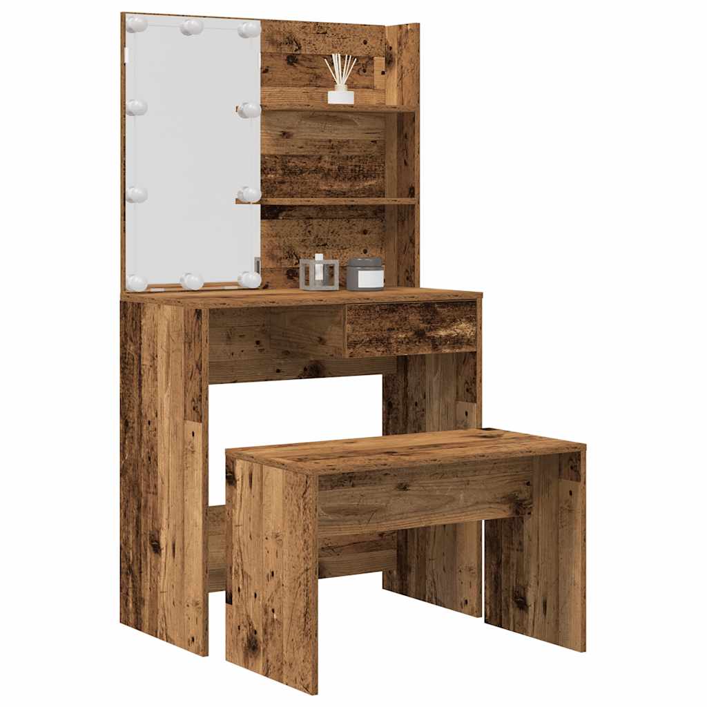 Dressing Table Set with LED Engineered Wood Depth 40 cm Width 74.5 cm Old wood