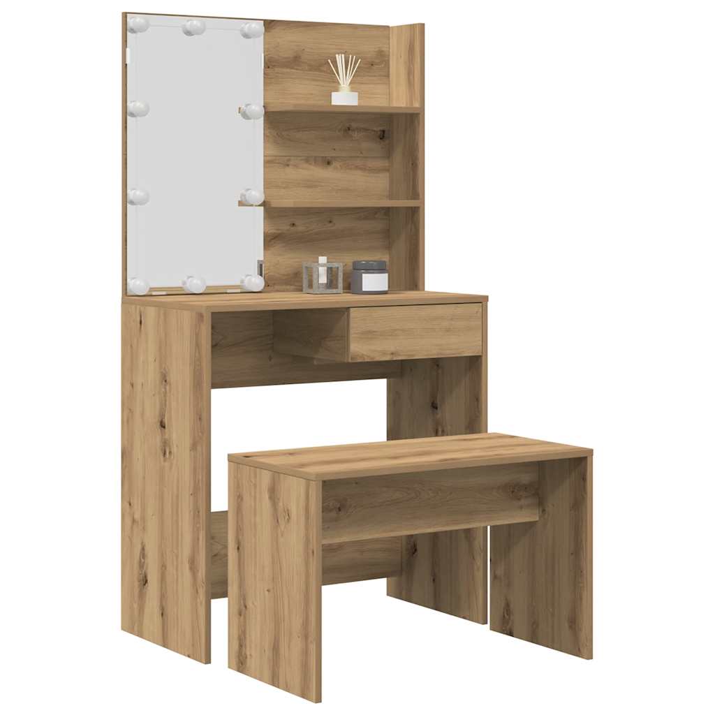 Dressing Table Set with LED Engineered Wood Depth 40 cm Width 74.5 cm Artisan oak