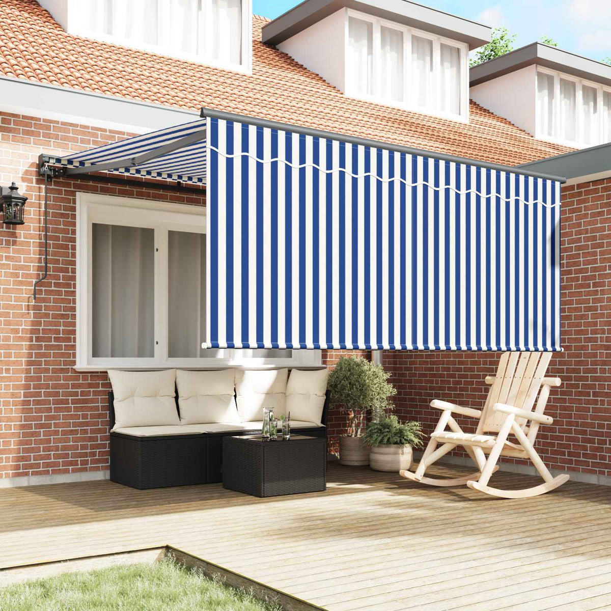 Manual Awning 100% Polyester Anthracite 3 m 2.5 m Blue and White Stripe