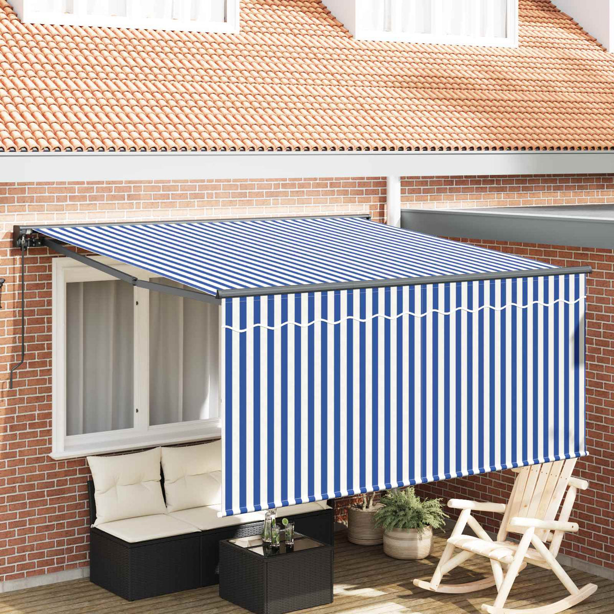 Manual Awning 100% Polyester Anthracite 3.5 m 2.5 m Blue and White Stripe