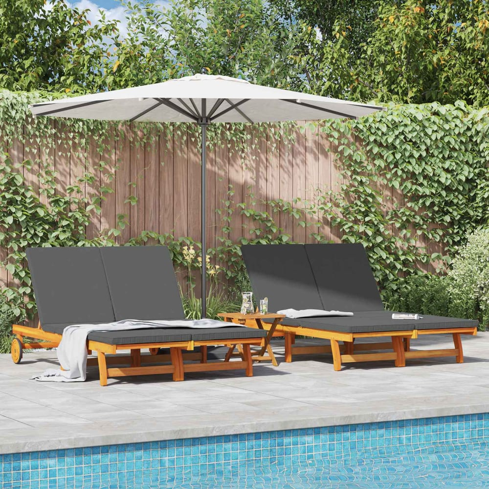 Sun Lounger 2 pcs Solid Acacia Wood Brown Dark Grey 2-Person sun lounger