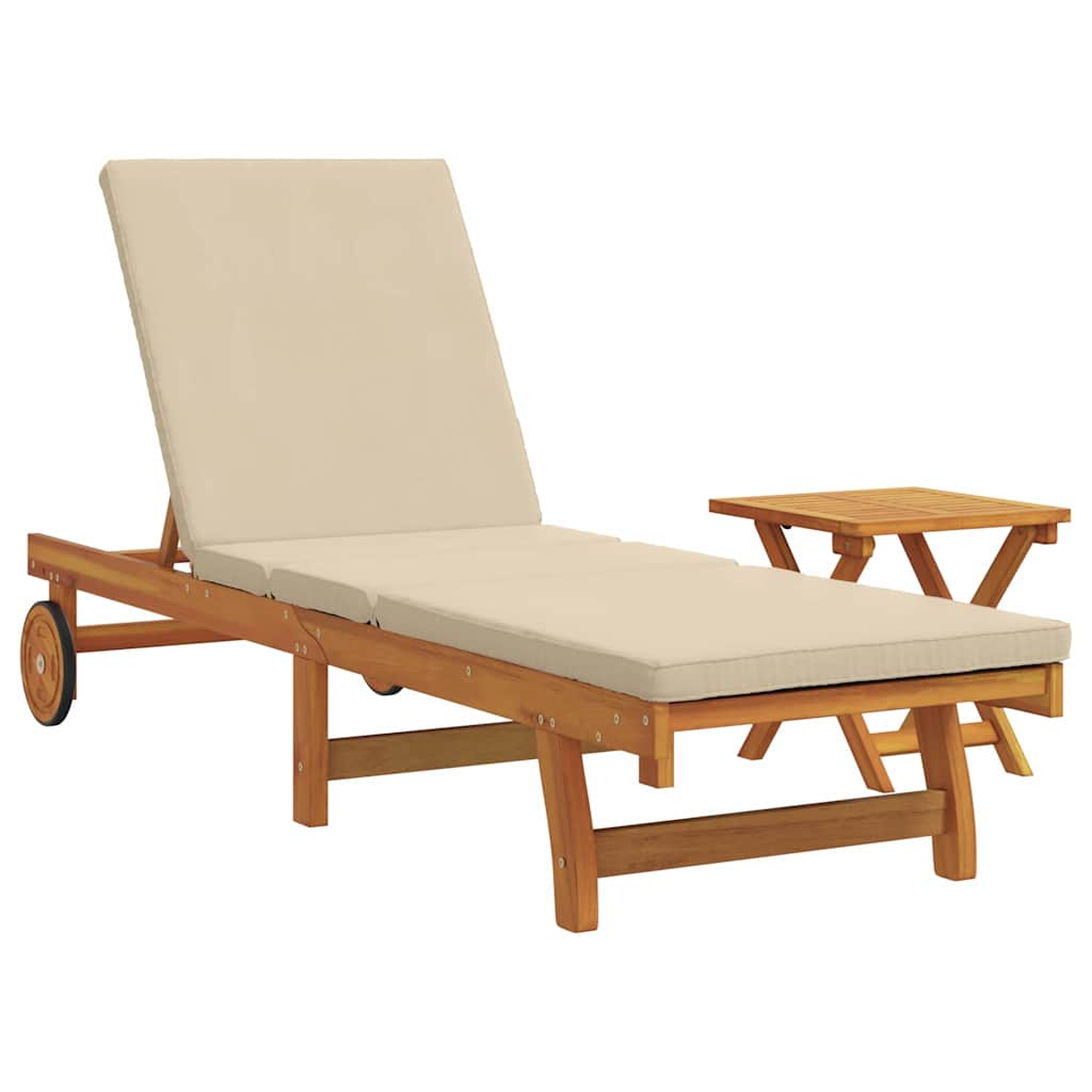 Sun Lounger 2 pcs Solid Acacia Wood Brown Beige Sun lounger +table