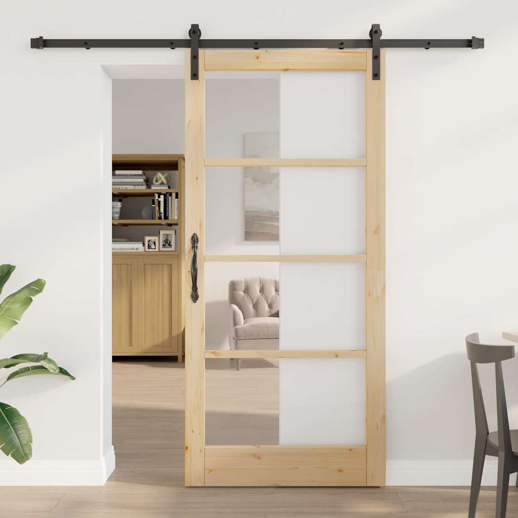 Sliding Door ORKDAL Solid Pine Wood and Glass Natural and Black 93 cm 202 cm 213.5 cm