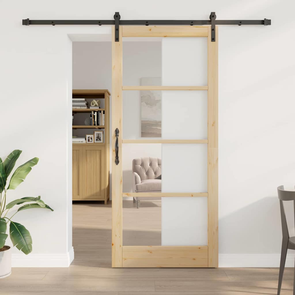Sliding Door ORKDAL Solid Pine Wood and Glass Natural and Black 93 cm 211 cm 213.5 cm