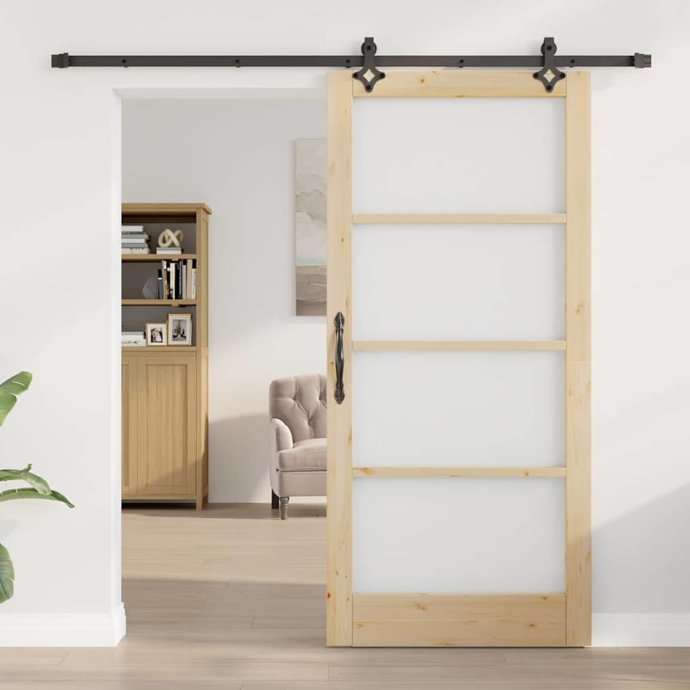 Sliding Door Solid Pine Wood and Glass Natural 93 cm 202 cm 213.5 cm
