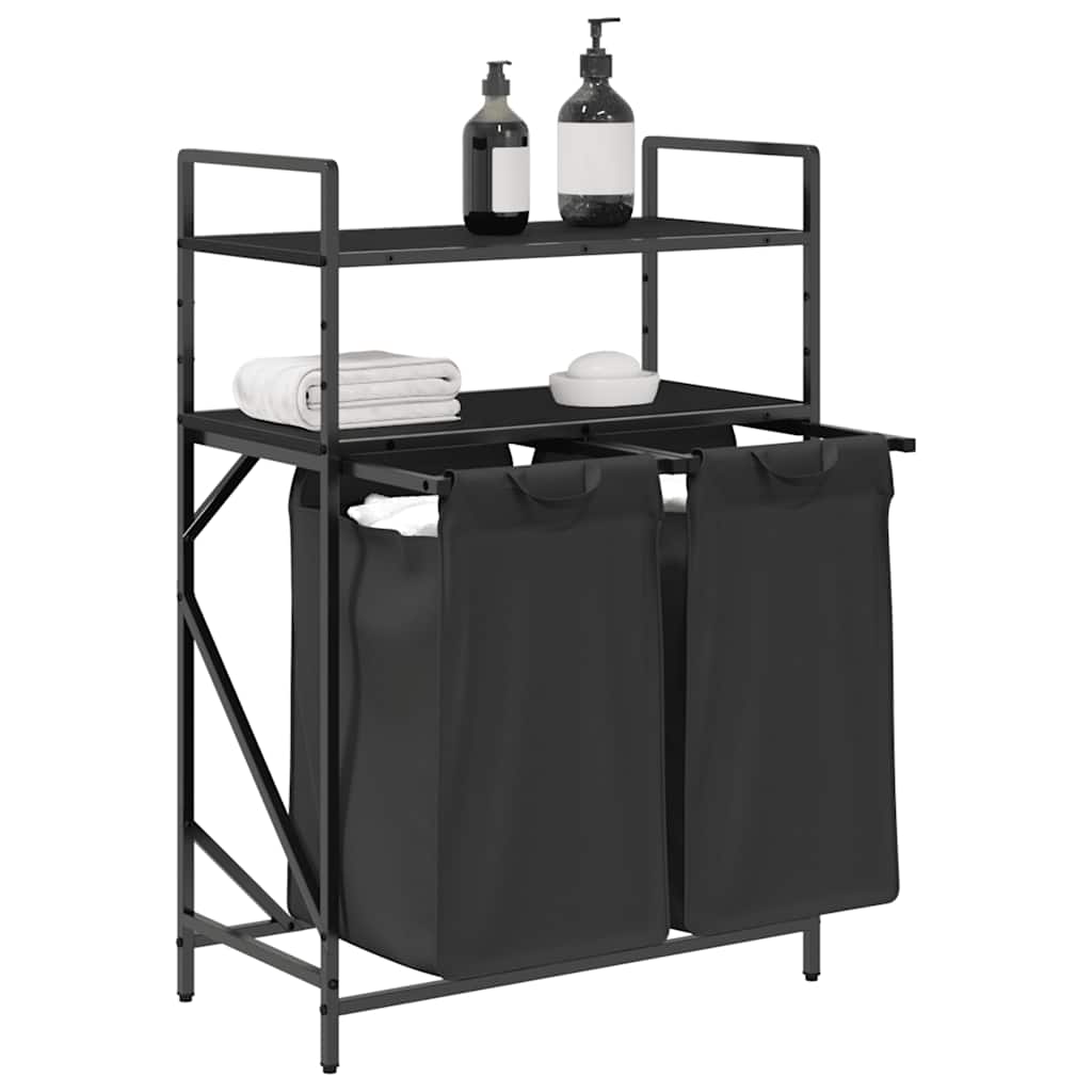vidaXL Laundry Basket 2 Compartments with Shelves Black Oak 4