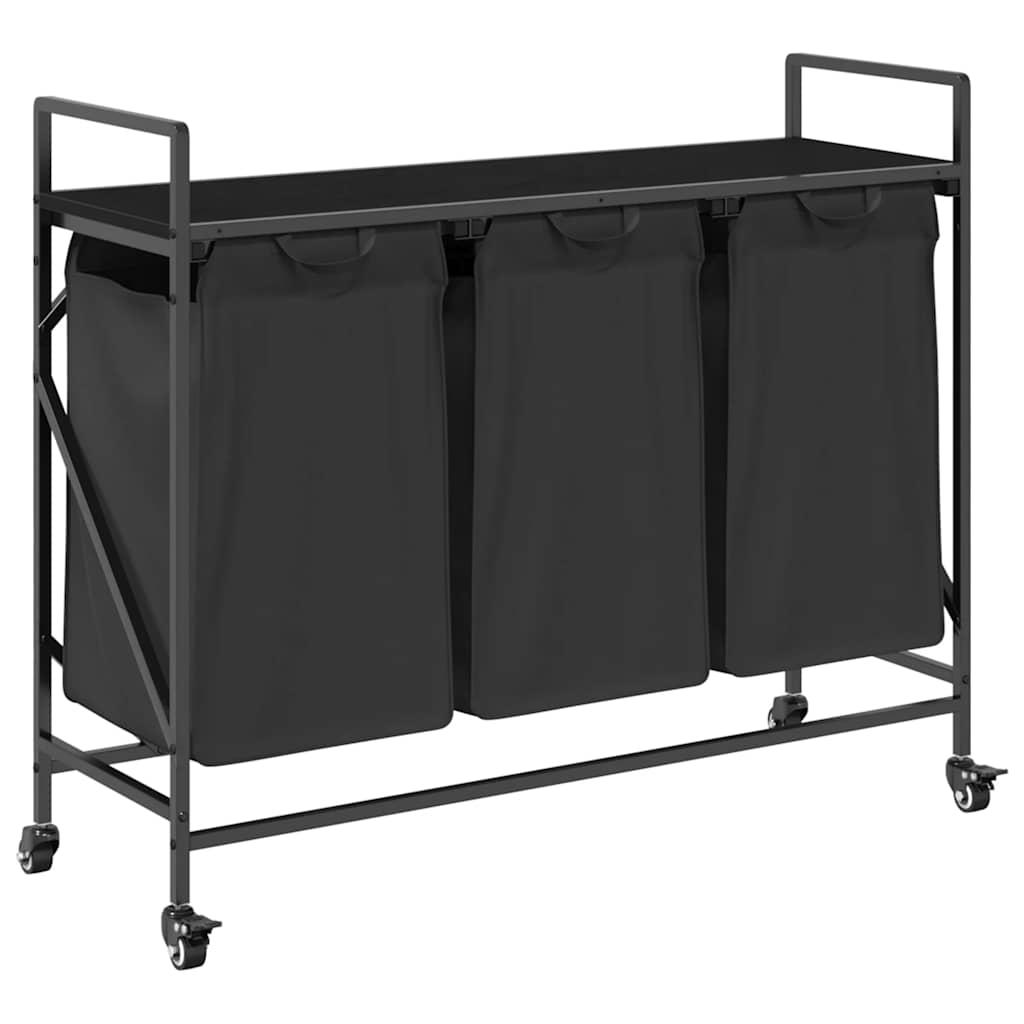vidaXL Laundry Basket 3 Compartments with Wheels Black Oak 2