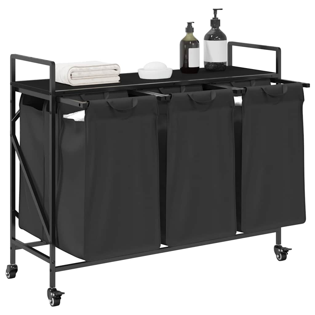 vidaXL Laundry Basket 3 Compartments with Wheels Black Oak 4