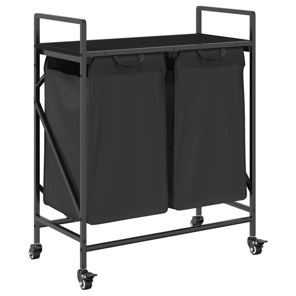 vidaXL Laundry Basket 2 Compartments with Wheels Black Oak 2