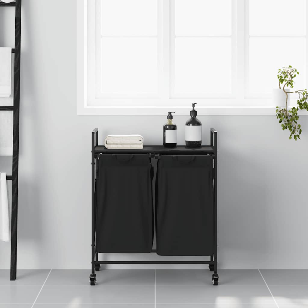 vidaXL Laundry Basket 2 Compartments with Wheels Black Oak 3