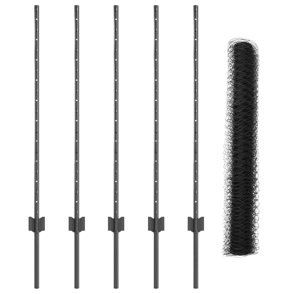 vidaXL Hexagonal Fence with Post 10 x 0.8 m PVC-Coated Steel Grey Mesh 5