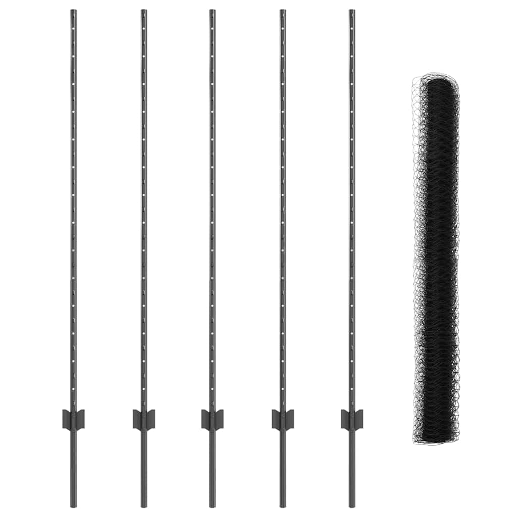 vidaXL Hexagonal Fence with Post 10 x 1.4 m PVC-Coated Steel Grey Mesh 5