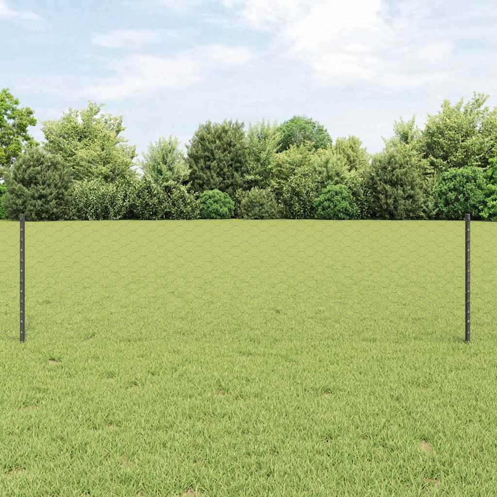 vidaXL Hexagonal Fence with Post 25 x 0.6 m PVC-Coated Steel Mesh Grey 25 x 0.6 m – 25 x 1.6 m