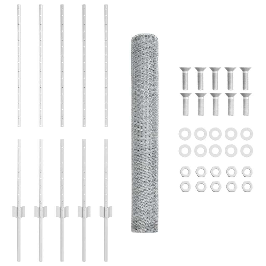 vidaXL Hexagonal Fence with Post 10 x 1 m Galvanised Steel Silver Mesh 6
