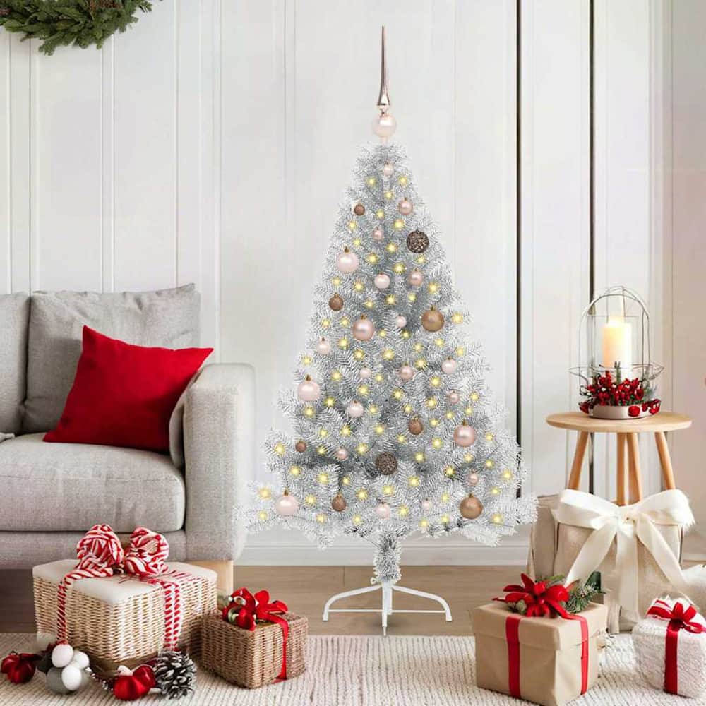 Artificial Pre-lit Christmas Tree PET 150 cm Silver with 60 rose gold balls