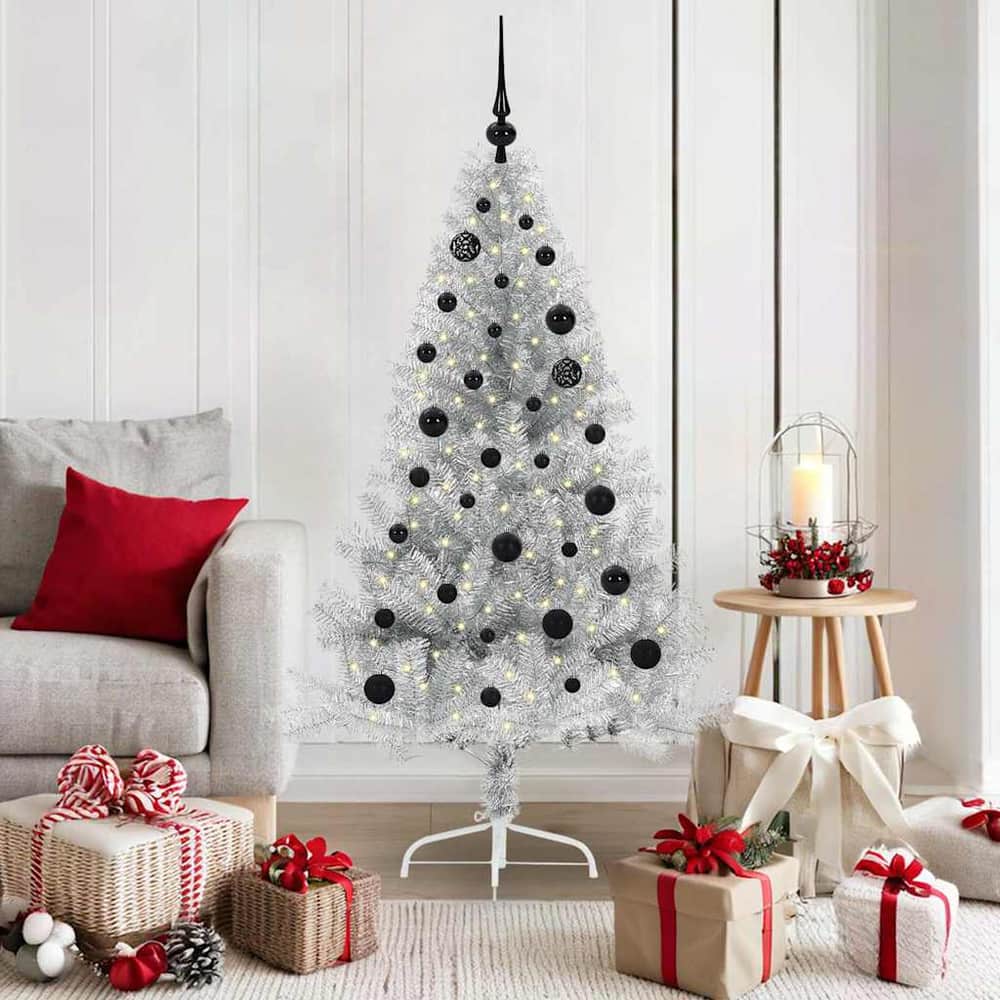 Artificial Pre-lit Christmas Tree PET 150 cm Silver with 61 black balls