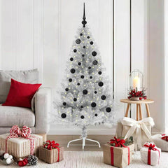 Artificial Pre-lit Christmas Tree PET 150 cm Silver with 61 black balls