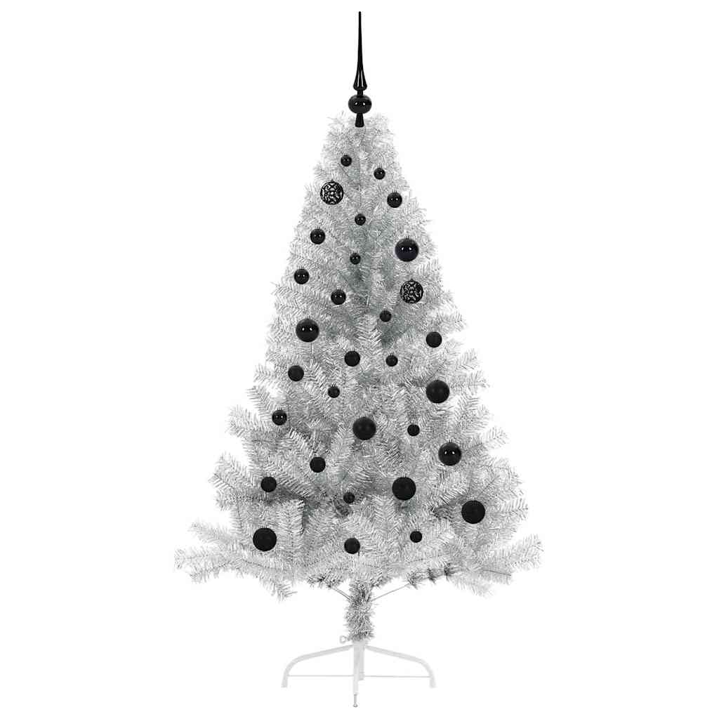 Artificial Pre-lit Christmas Tree PET 150 cm Silver with 61 black balls
