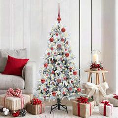 Artificial Hinged Christmas Tree White PE and PVC Green and white 150 cm with LEDs &red balls