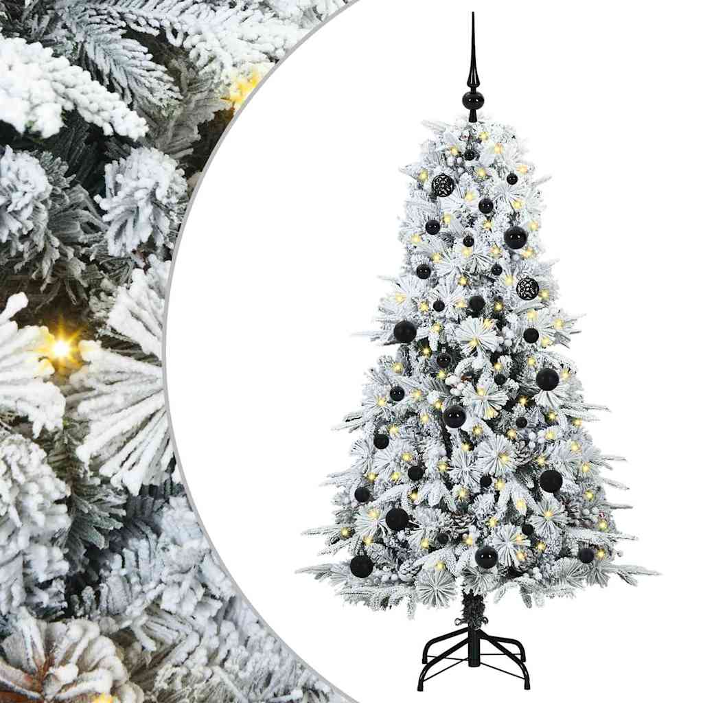 Artificial Hinged Christmas Tree White PE and PVC Green and white 150 cm with LEDs &black balls