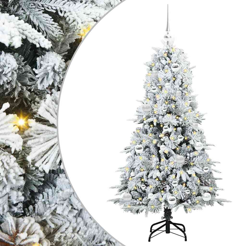 Artificial Hinged Christmas Tree White PE and PVC Green and white 150 cm with LEDs &silver balls