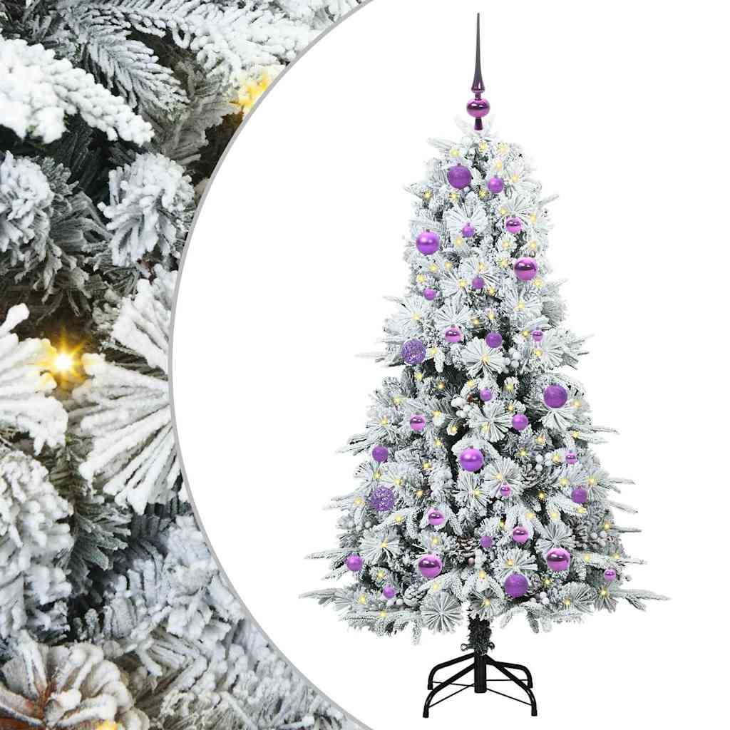 Artificial Hinged Christmas Tree White PE and PVC Green and white 150 cm with LEDs &lilac balls