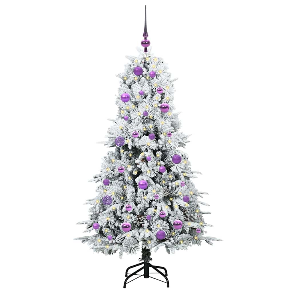 Artificial Hinged Christmas Tree White PE and PVC Green and white 150 cm with LEDs &lilac balls