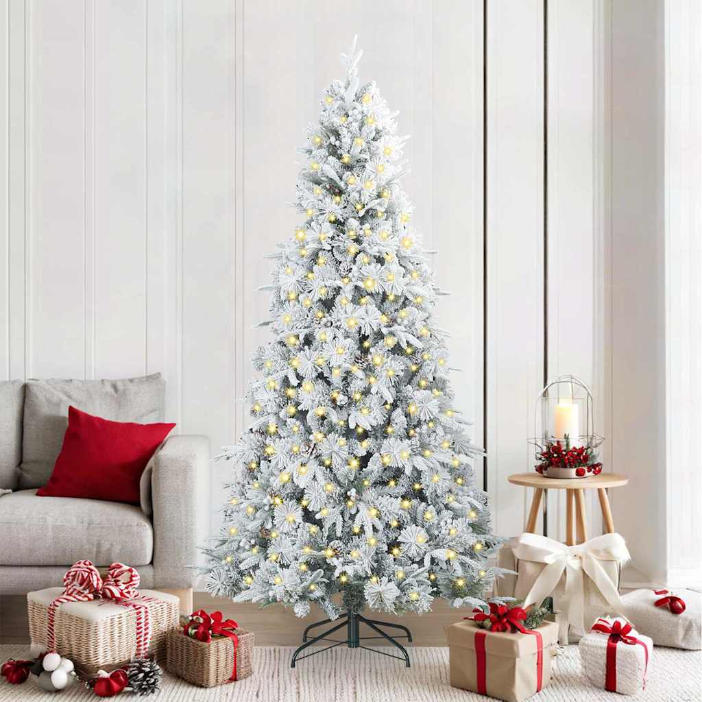 Artificial Hinged Christmas Tree White PE and PVC Green and White 210 cm with LEDs