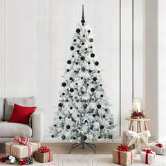 Artificial Hinged Christmas Tree White PE and PVC Green and White 210 cm with LEDs &black balls