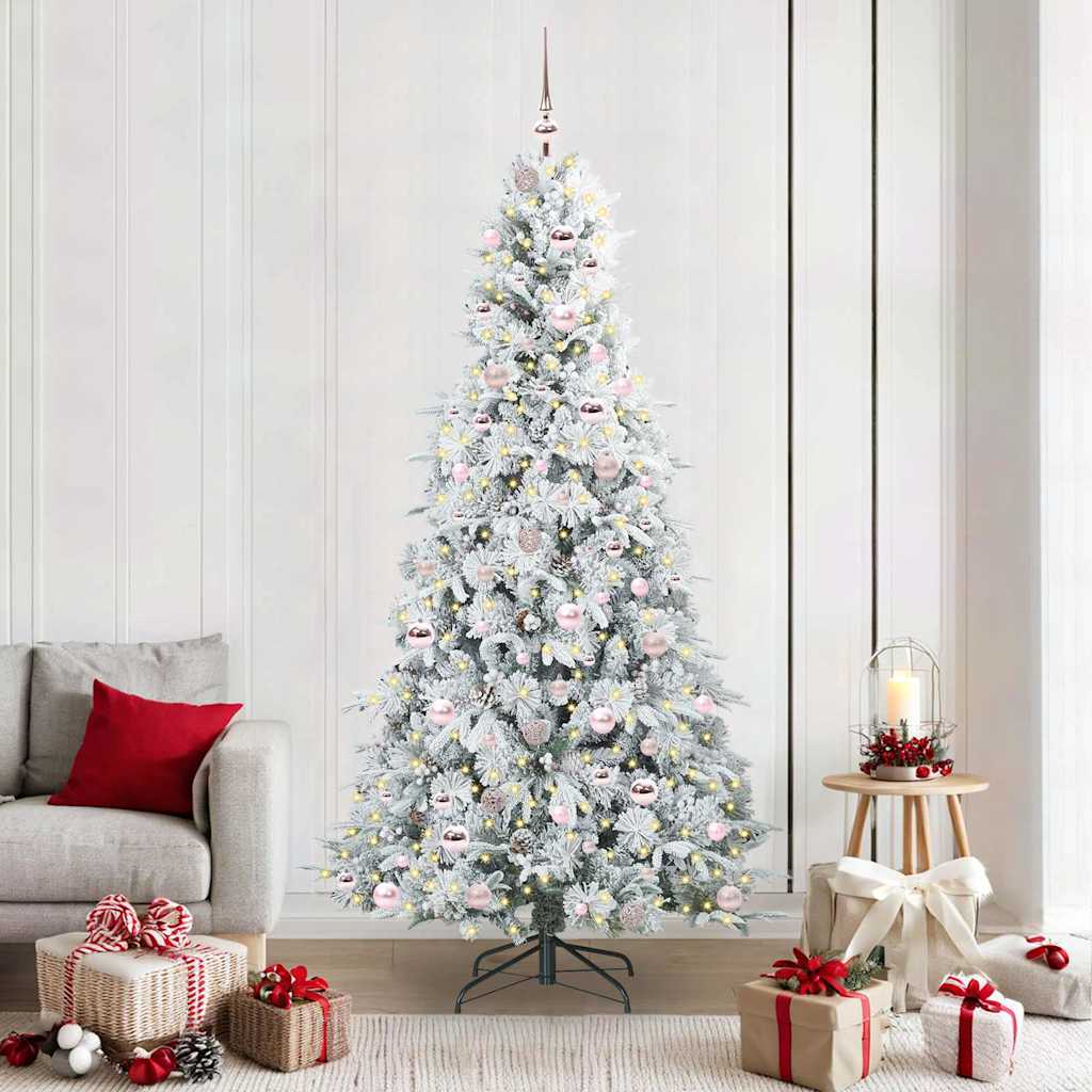 Artificial Hinged Christmas Tree White PE and PVC Green and White 210 cm with LEDs &pink balls